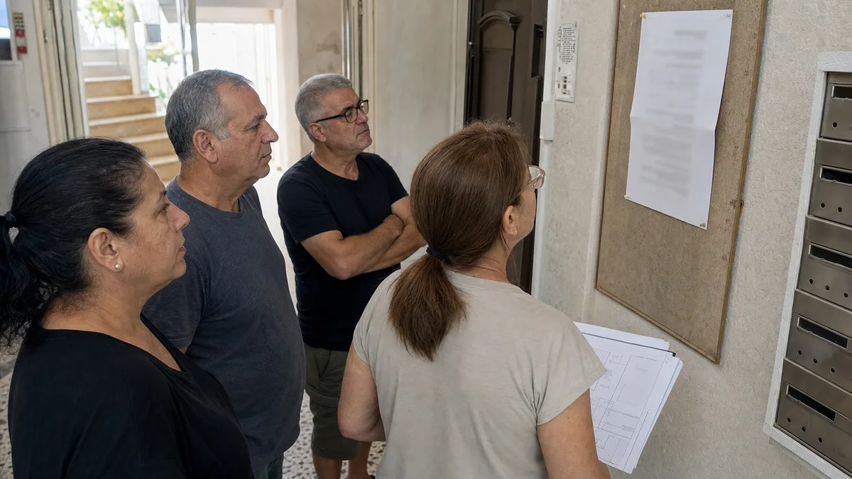 דיירים בלובי של בניין ותיק בוחנים עדכון פרויקט לאחר בקשה להפחתת תמורות בהתחדשות עירונית