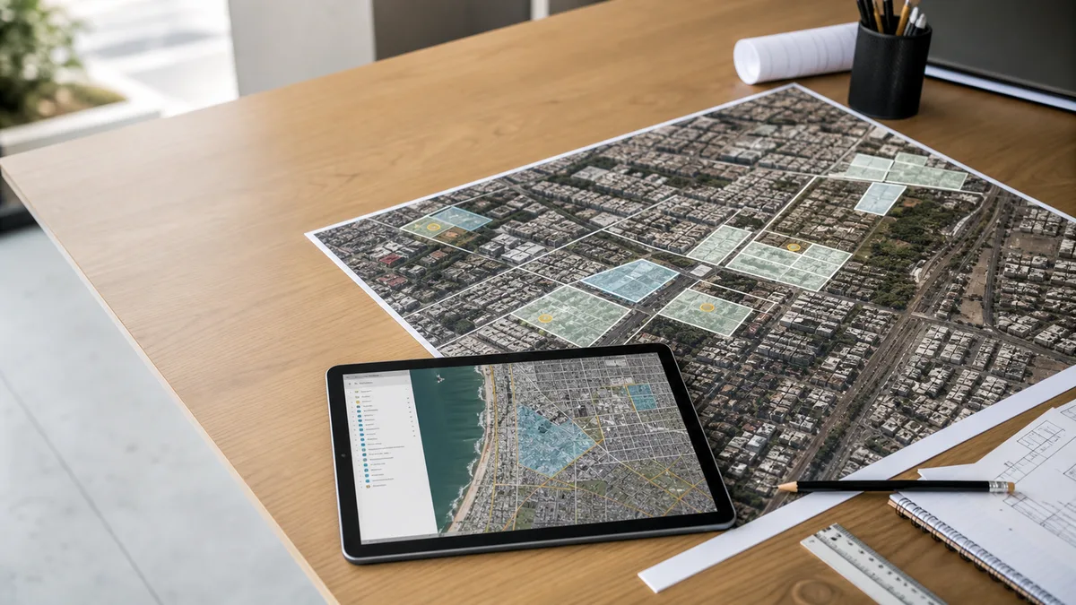 שולחן עבודה מקצועי עם תצלום אוויר, שכבות GIS ומסמכי תכנון לאיתור הזדמנויות בהתחדשות עירונית